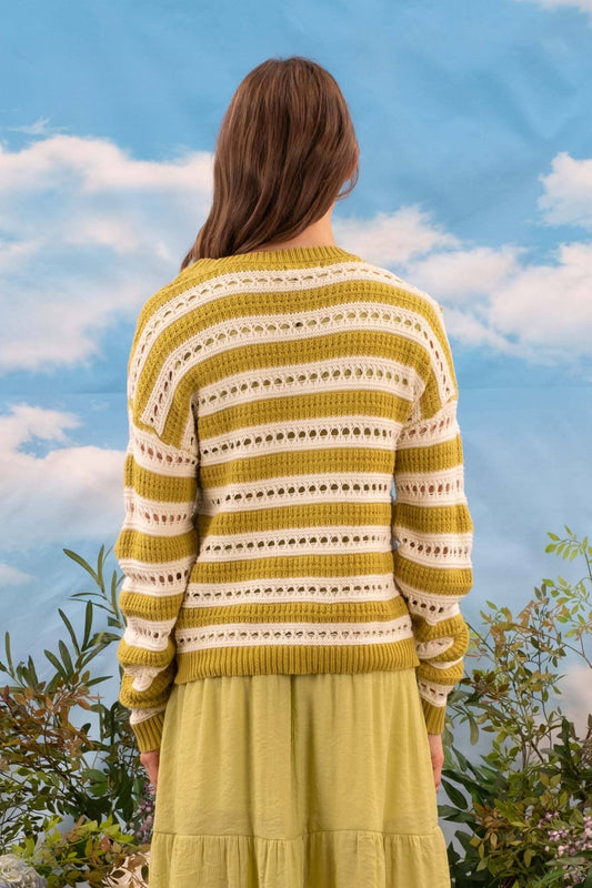STRIPED EYELET KNIT PULLOVER SWEATER
