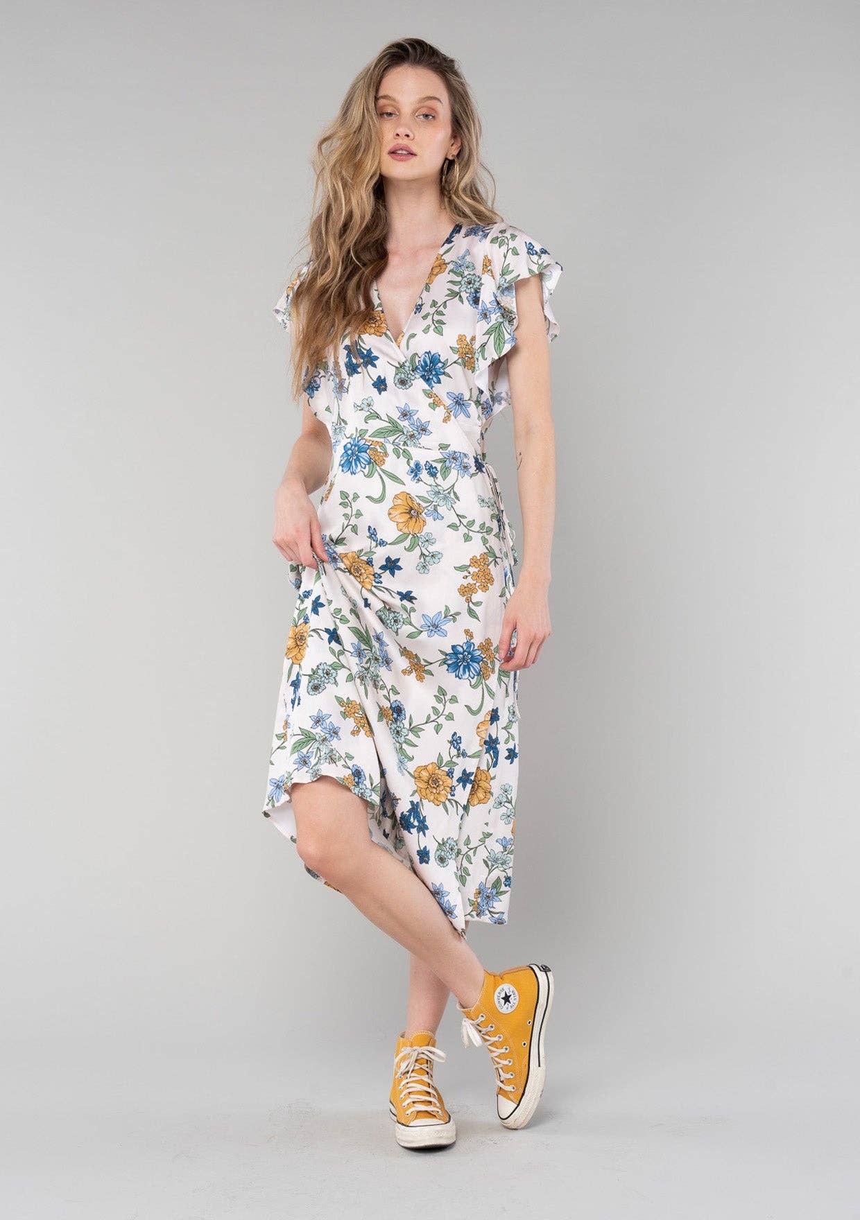Floral Short Flutter Sleeve Midi Wrap Dress