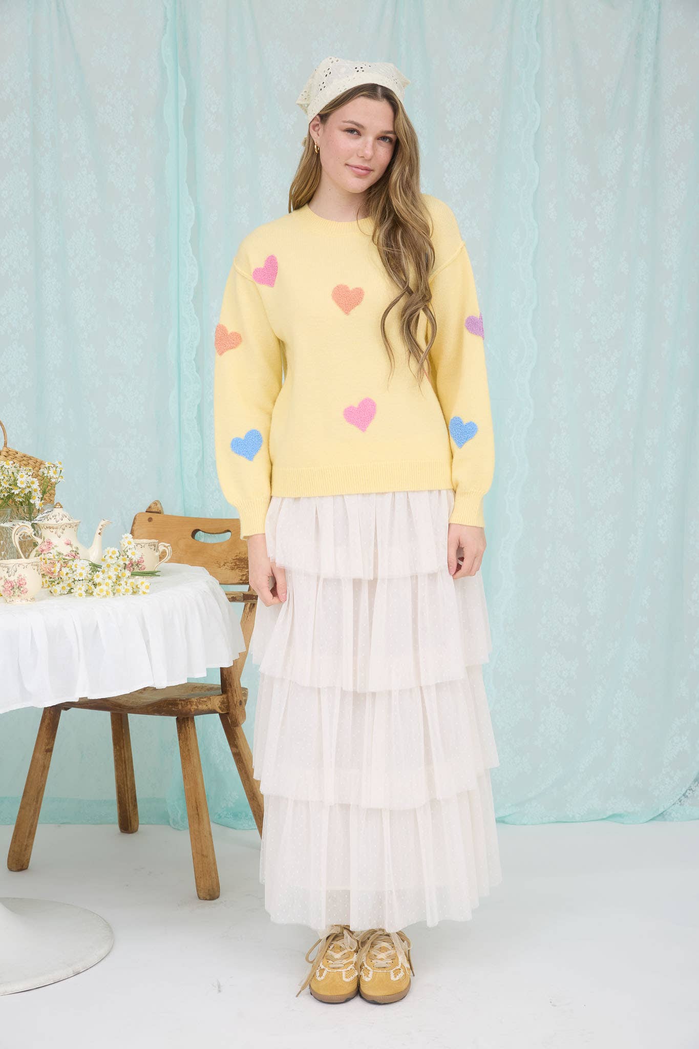 MULTICOLOR HEART CREWNECK KNIT PULLOVER SWEATER