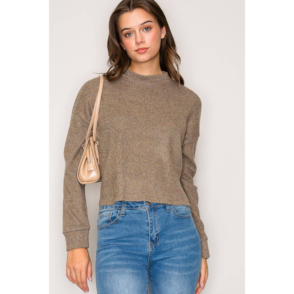 Mock Neck Long Sleeve Brushed Sweater Knit Top