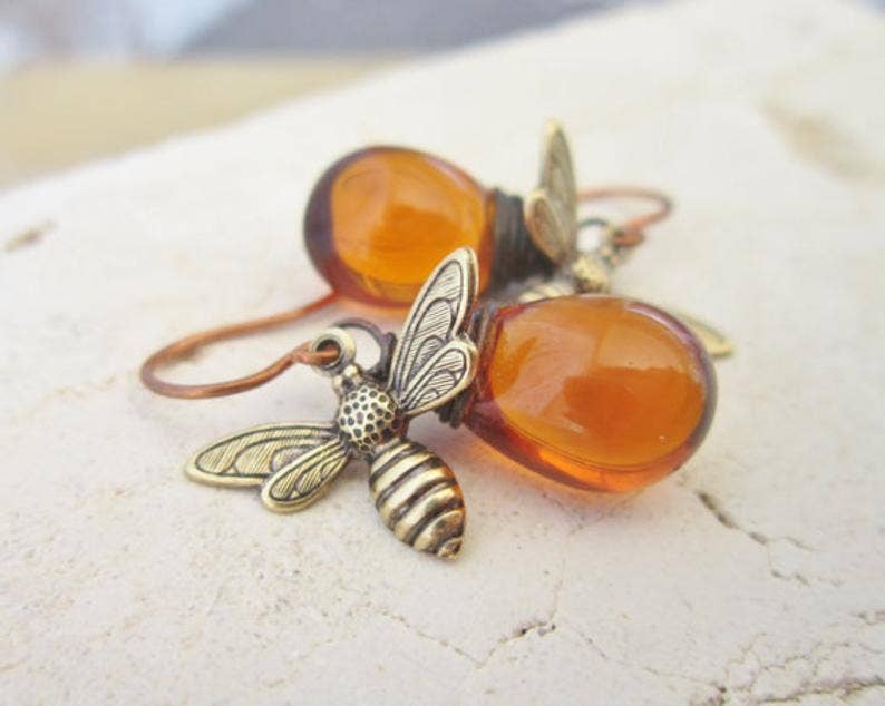 Boho Honey Bee Amber Drop Earrings
