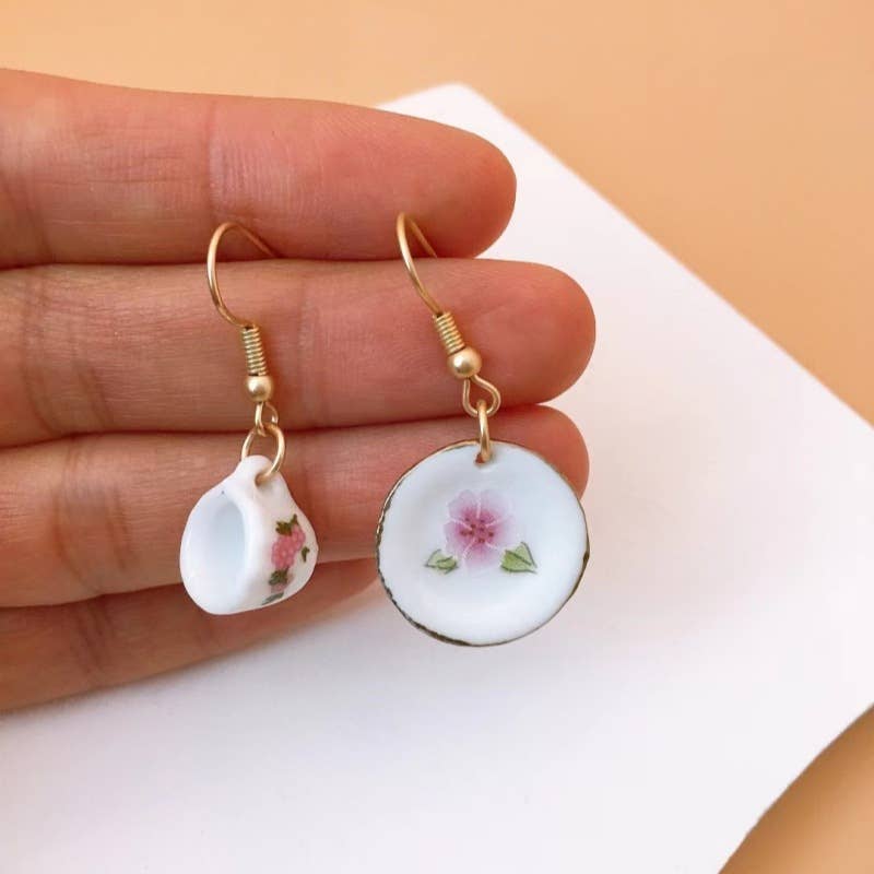 Asymmetric vintage teacup and saucer ceramic earrings