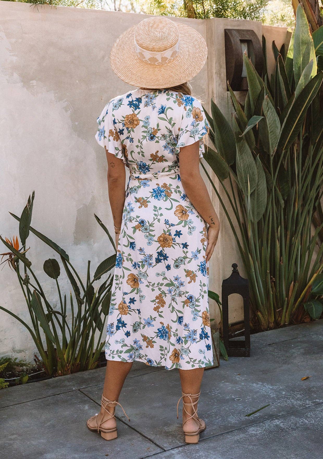 Floral Short Flutter Sleeve Midi Wrap Dress