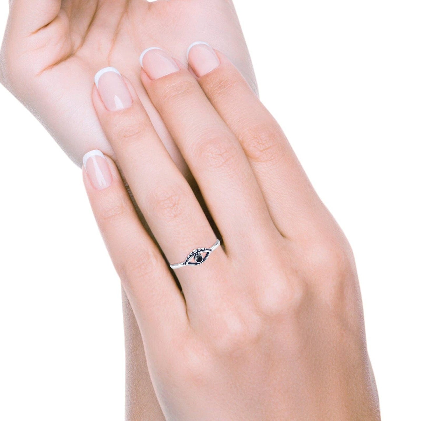 Round Black Agate Evil Eye Ring Oxidized