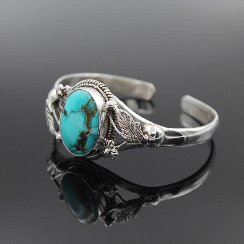 Women Vintage Bohemian Floral Carved Turquoise Bracelet