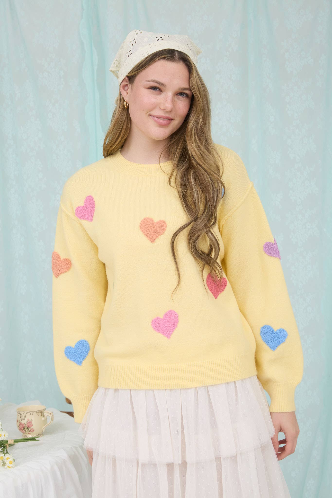 MULTICOLOR HEART CREWNECK KNIT PULLOVER SWEATER