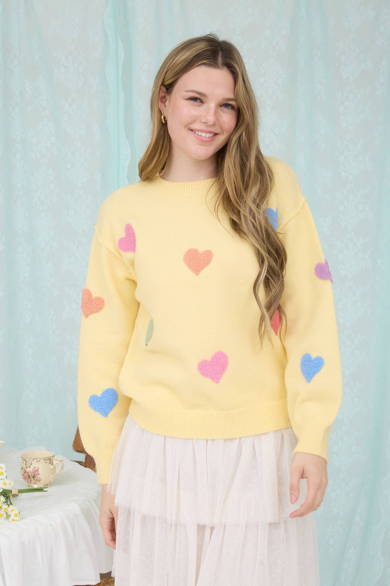 MULTICOLOR HEART CREWNECK KNIT PULLOVER SWEATER