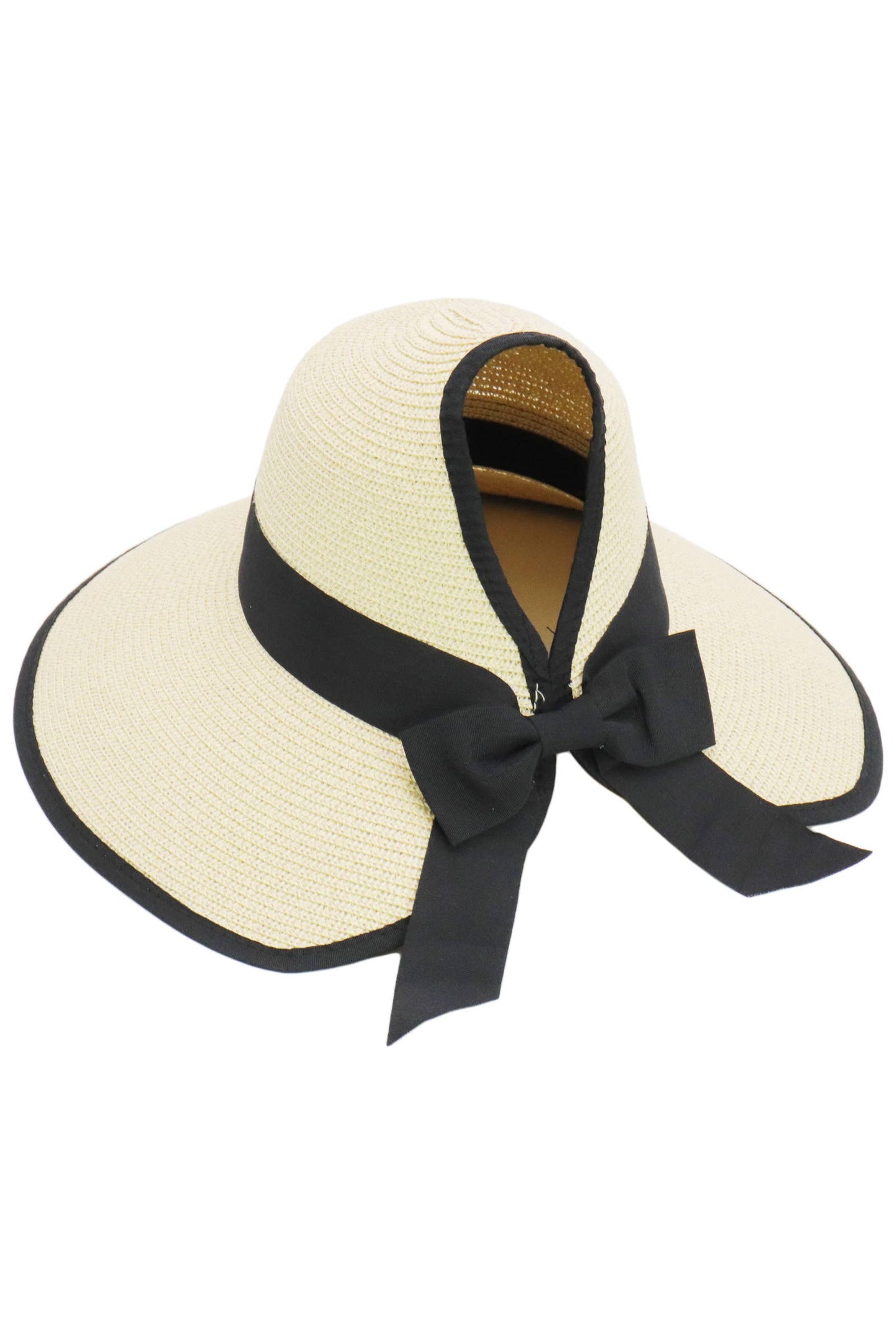 Black Bow Ponytail Straw Visor Dome Derby Sun Hat
