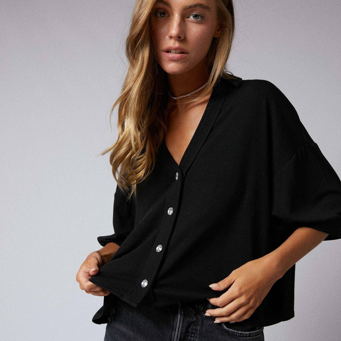 Rhinstone Button Down Crop Shirt
