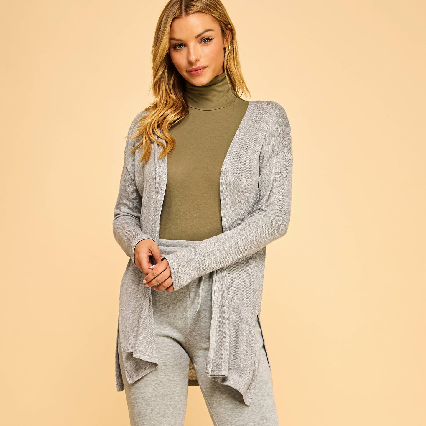 SLUBBED HACCI MIDI LONG SLEEVE DUSTER W/SIDE SLITS-F76353