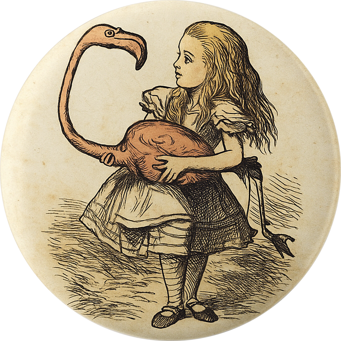 Pin-on Button - 1.5 Inch - Alice In Wonderland With Flamingo