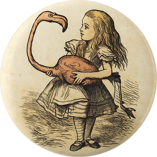 Pin-on Button - 1.5 Inch - Alice In Wonderland With Flamingo