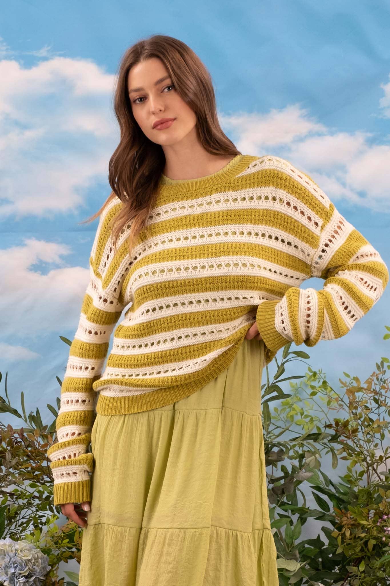 STRIPED EYELET KNIT PULLOVER SWEATER