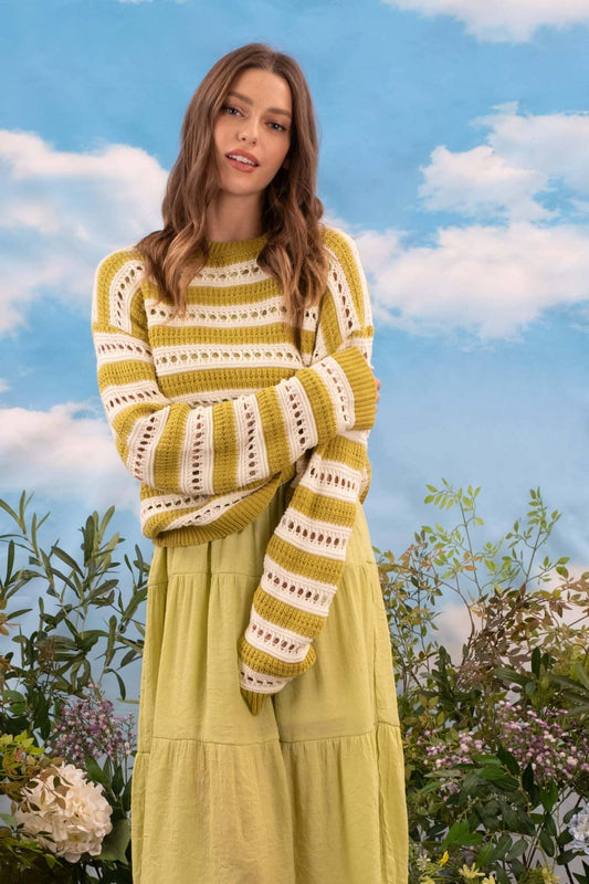 STRIPED EYELET KNIT PULLOVER SWEATER