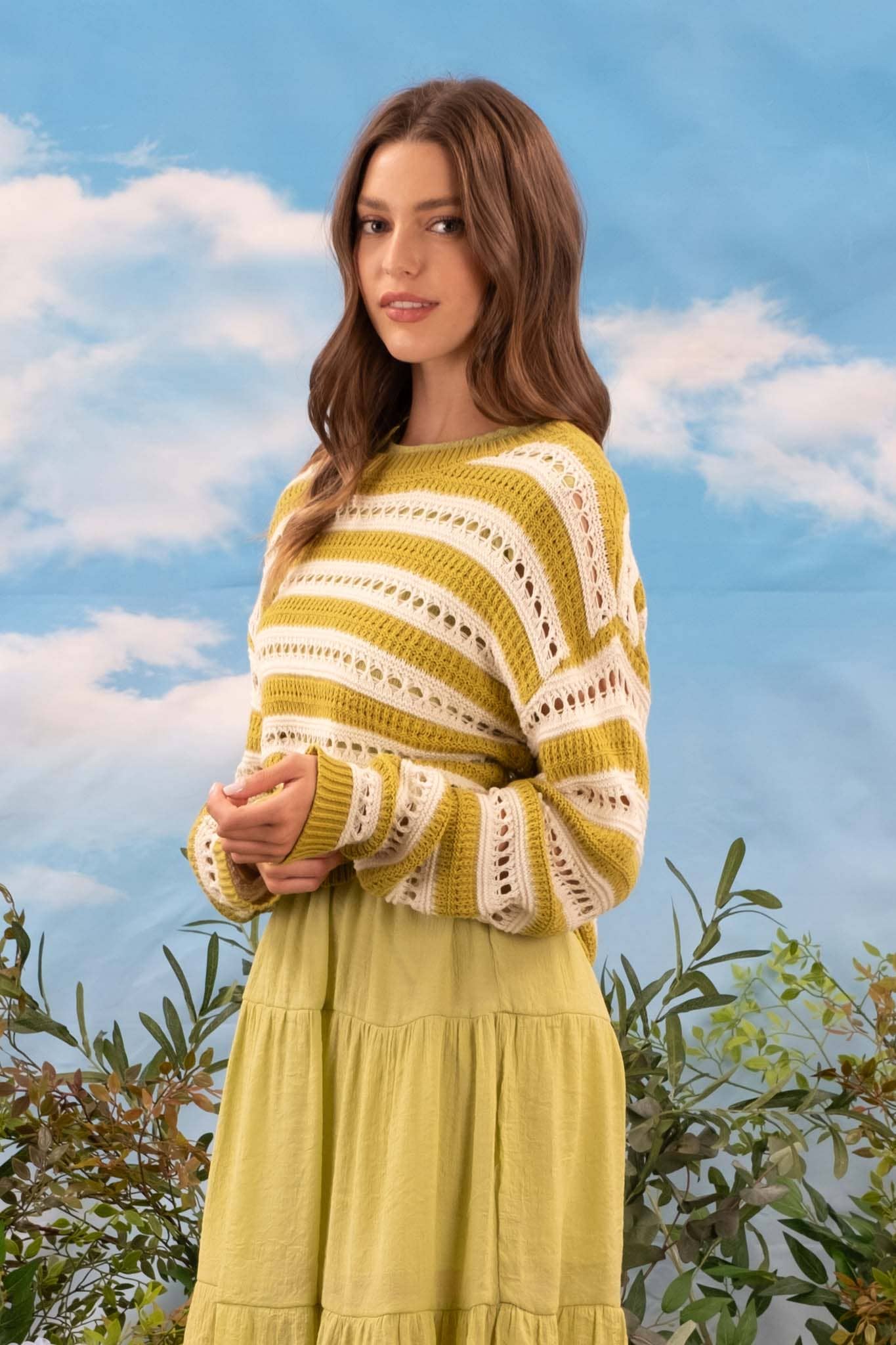 STRIPED EYELET KNIT PULLOVER SWEATER