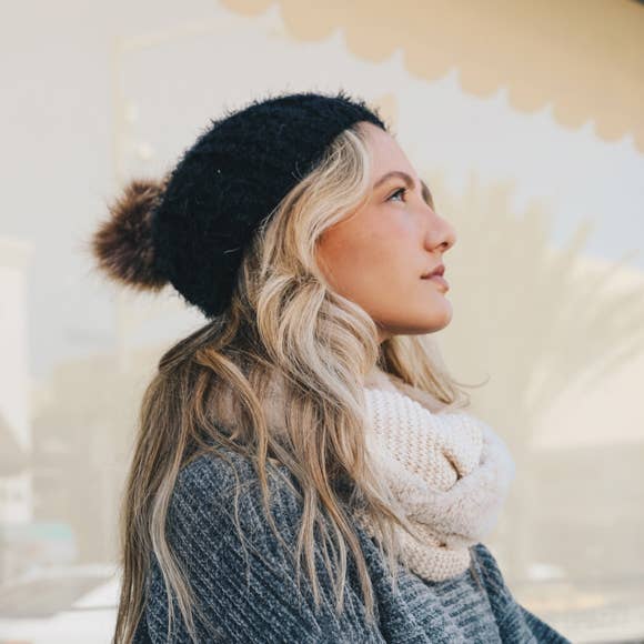 Faux Mohair Cable Knit Pom Pom Beanie