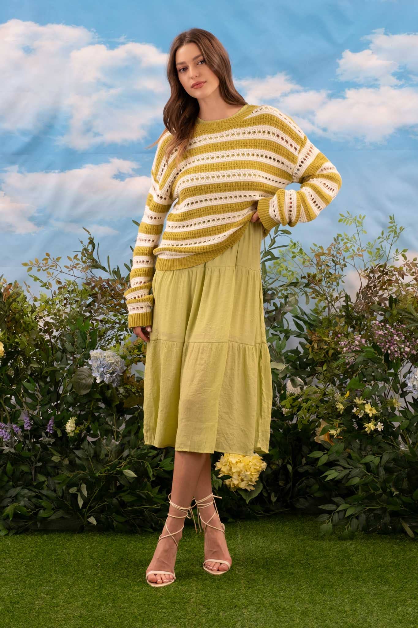 STRIPED EYELET KNIT PULLOVER SWEATER