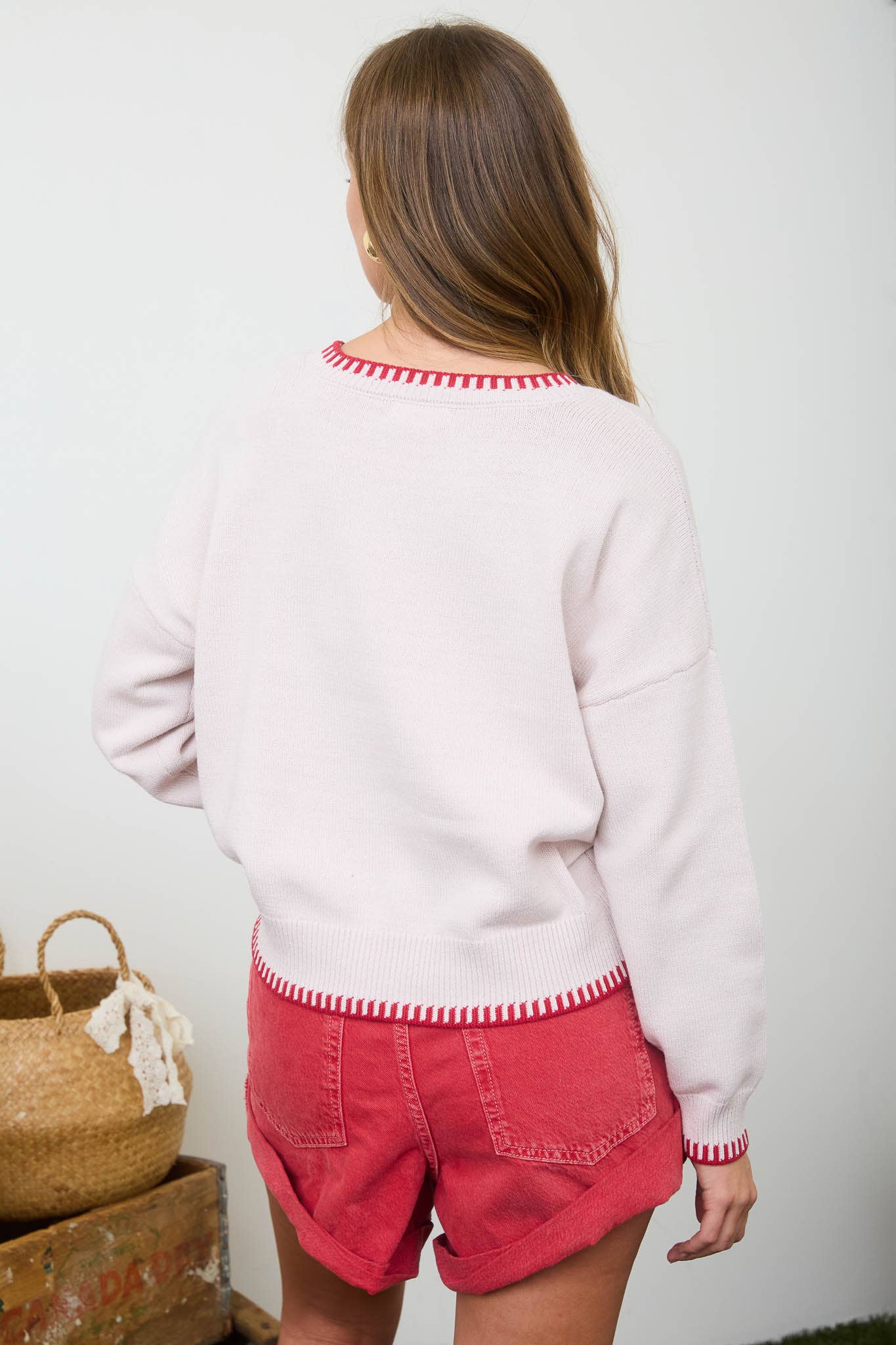STRAWBERRY MOTIF CONTRAST STITCH KNIT PULLOVER