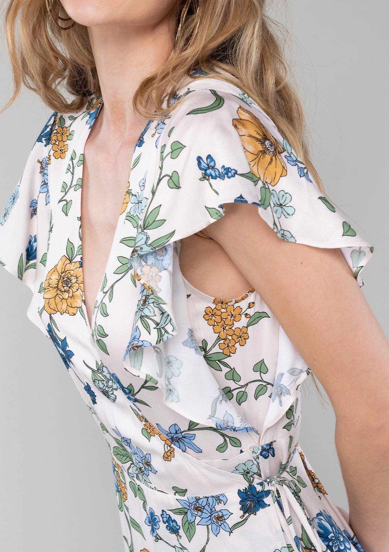 Floral Short Flutter Sleeve Midi Wrap Dress