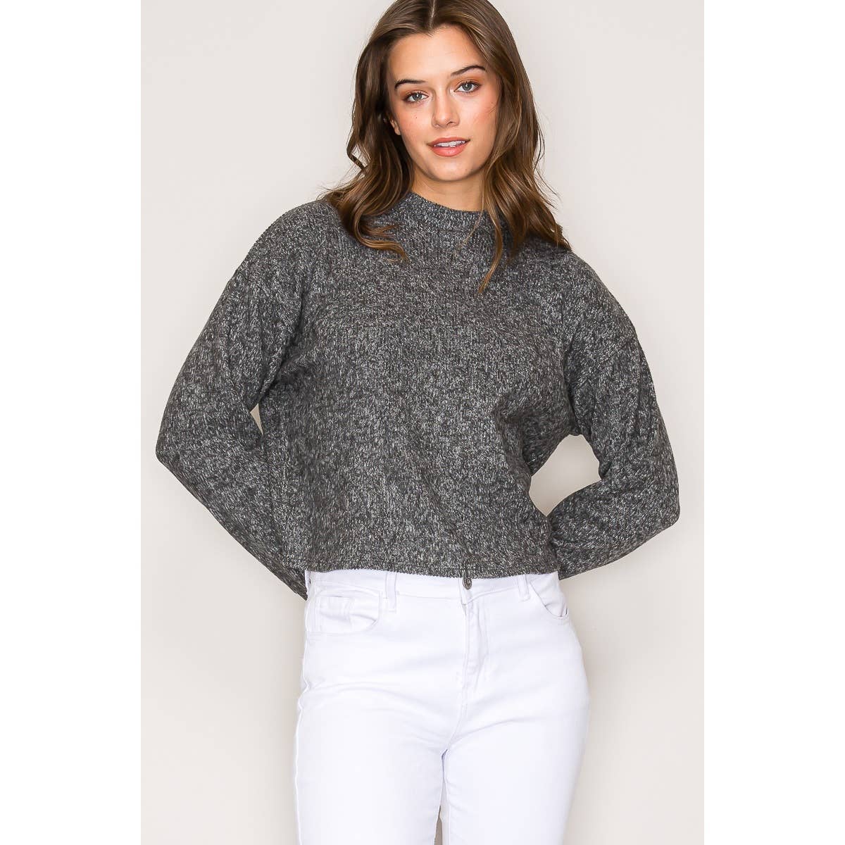 Mock Neck Long Sleeve Brushed Sweater Knit Top