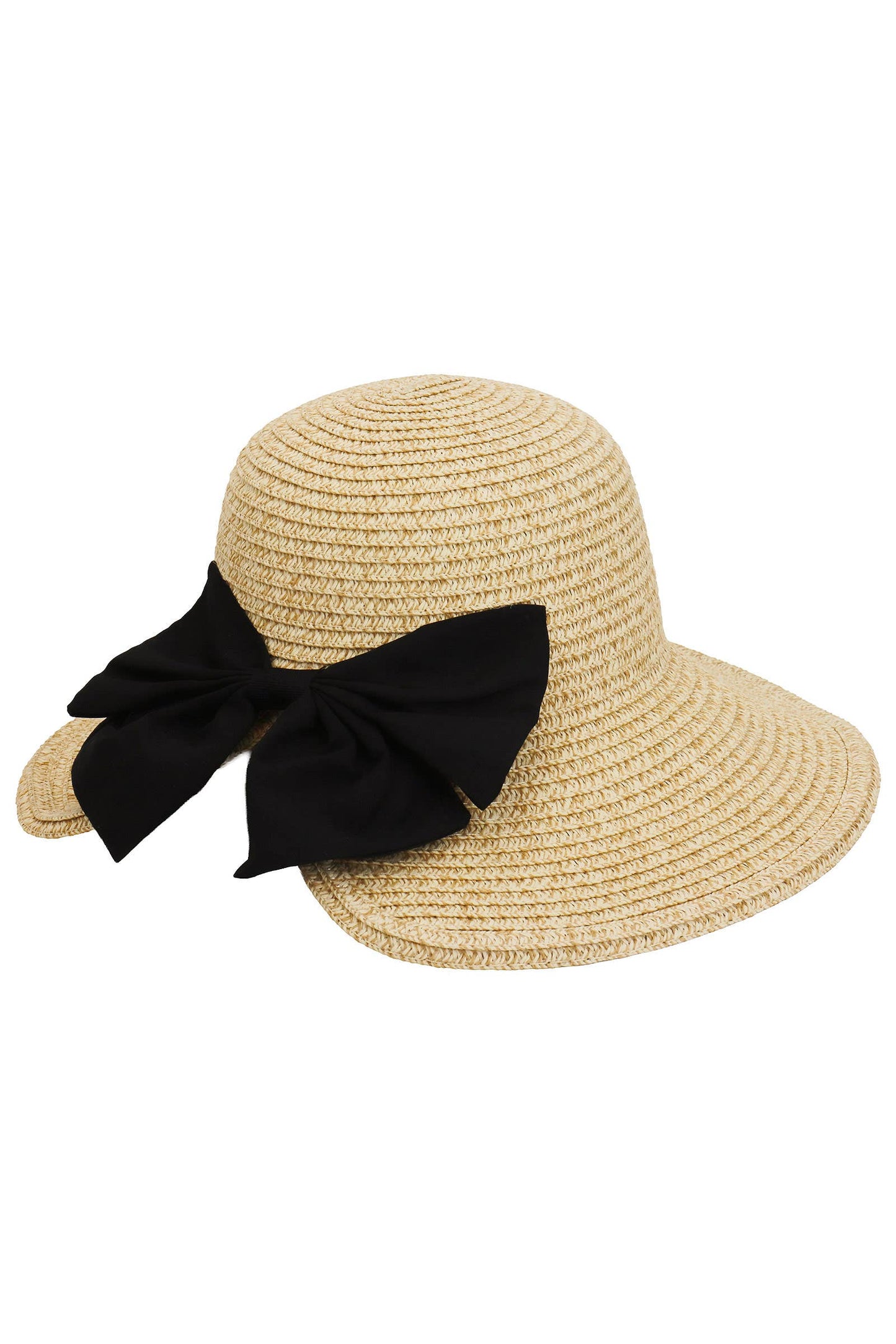 Black Bowtie Bucket Brim Paper Variegated Straw Sun Hat