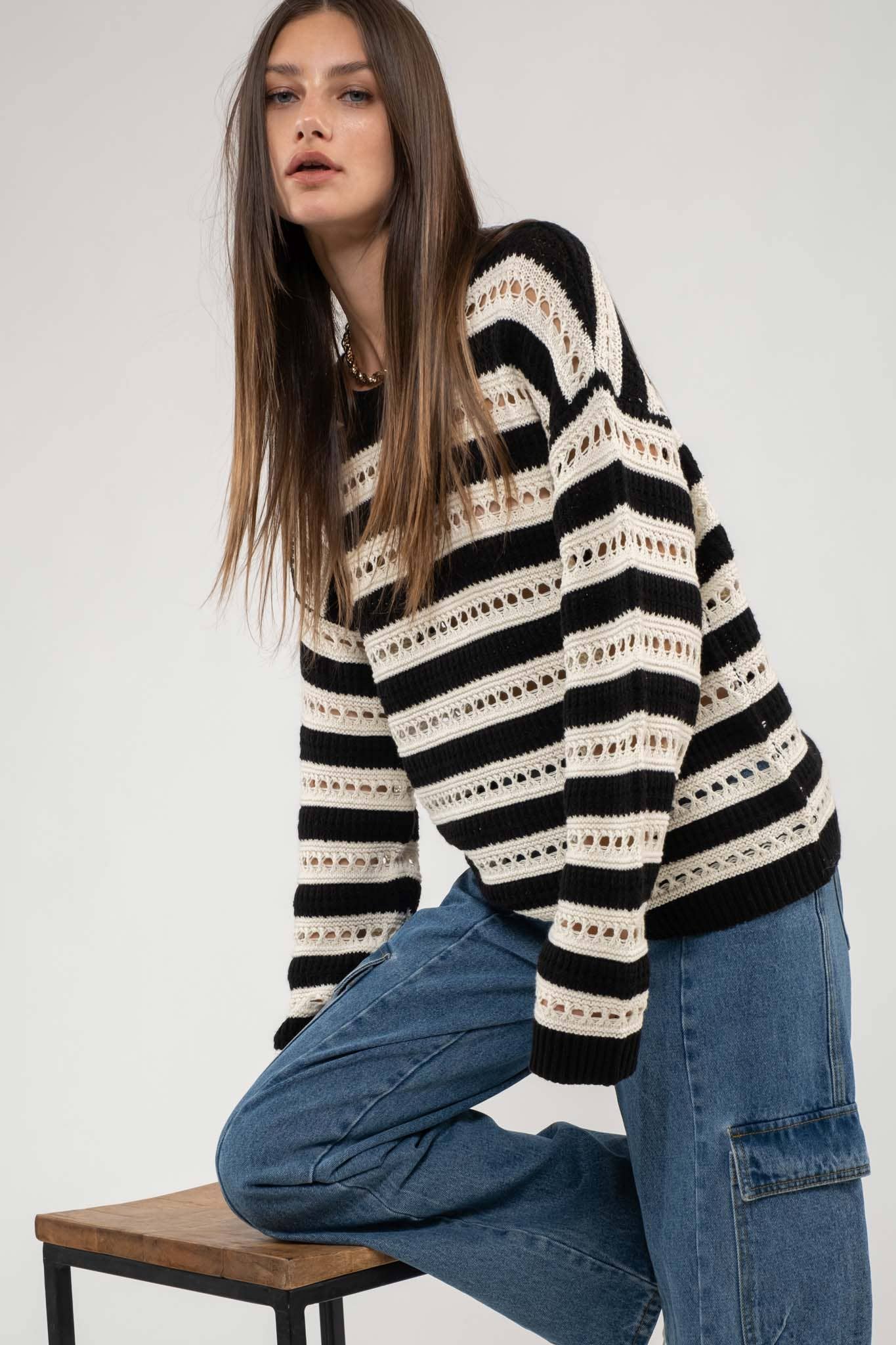 STRIPED EYELET KNIT PULLOVER SWEATER