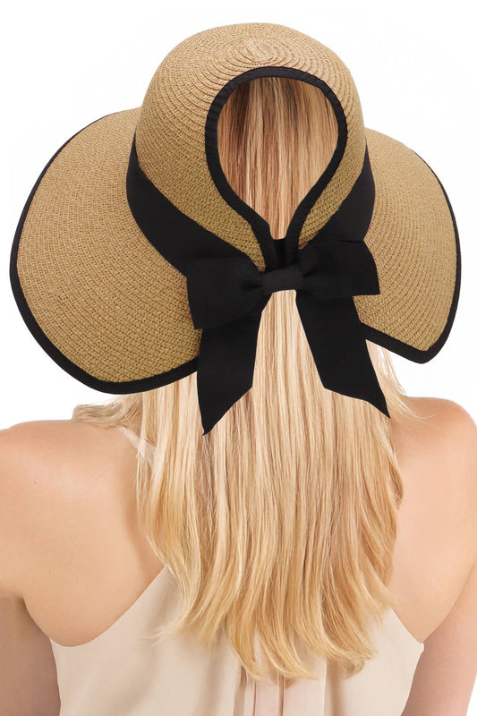 Black Bow Ponytail Straw Visor Dome Derby Sun Hat