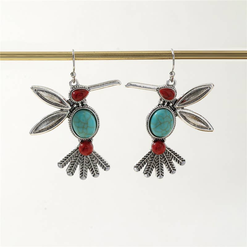 Boho Turquoise & Red Stones Hummingbird Drop Earrings