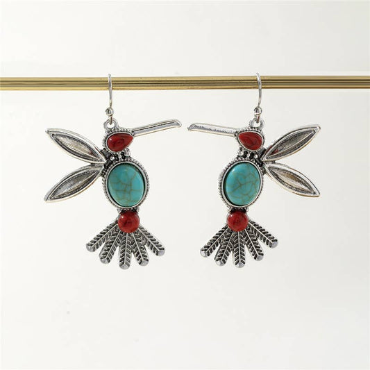 Boho Turquoise & Red Stones Hummingbird Drop Earrings