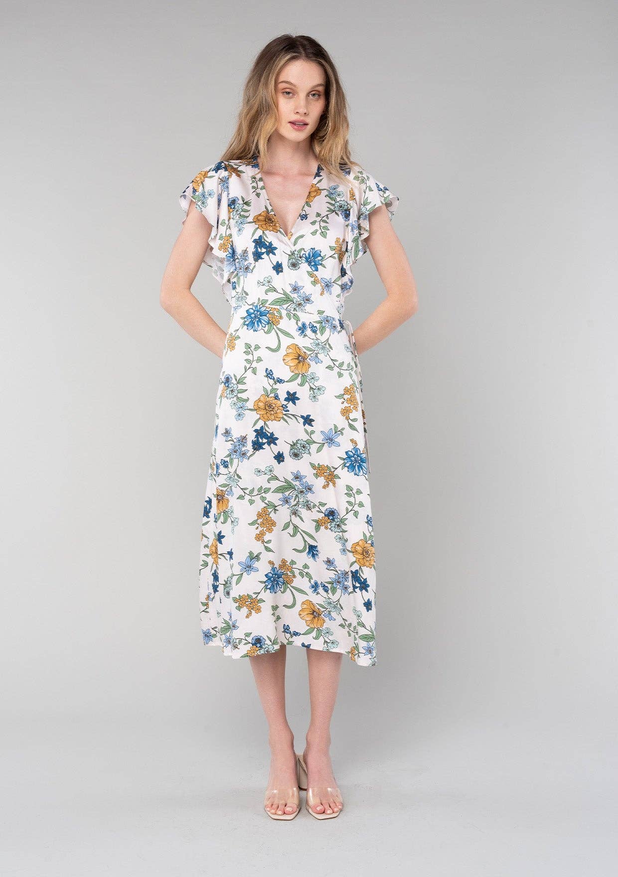 Floral Short Flutter Sleeve Midi Wrap Dress