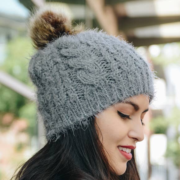 Faux Mohair Cable Knit Pom Pom Beanie