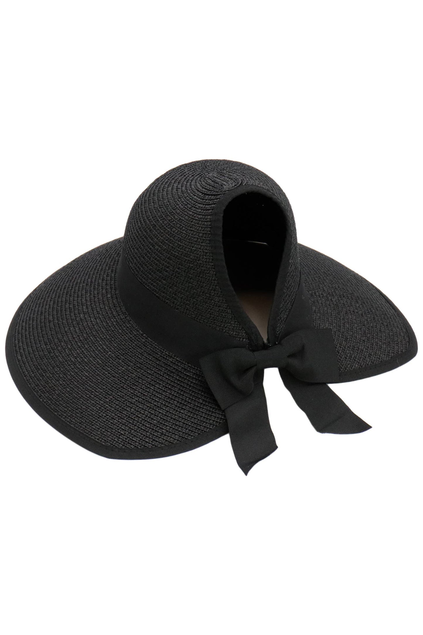 Black Bow Ponytail Straw Visor Dome Derby Sun Hat