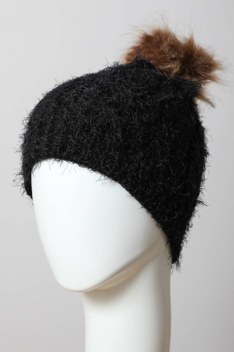 Faux Mohair Cable Knit Pom Pom Beanie