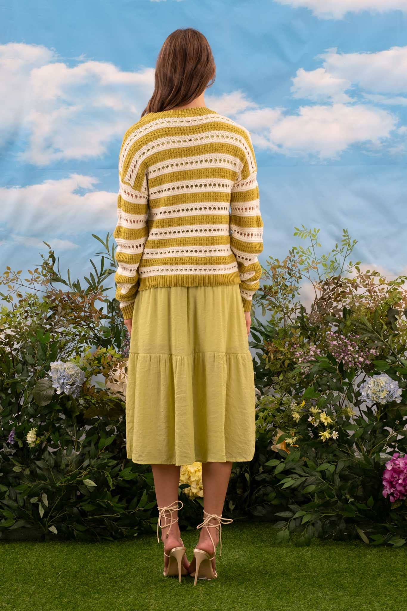 STRIPED EYELET KNIT PULLOVER SWEATER