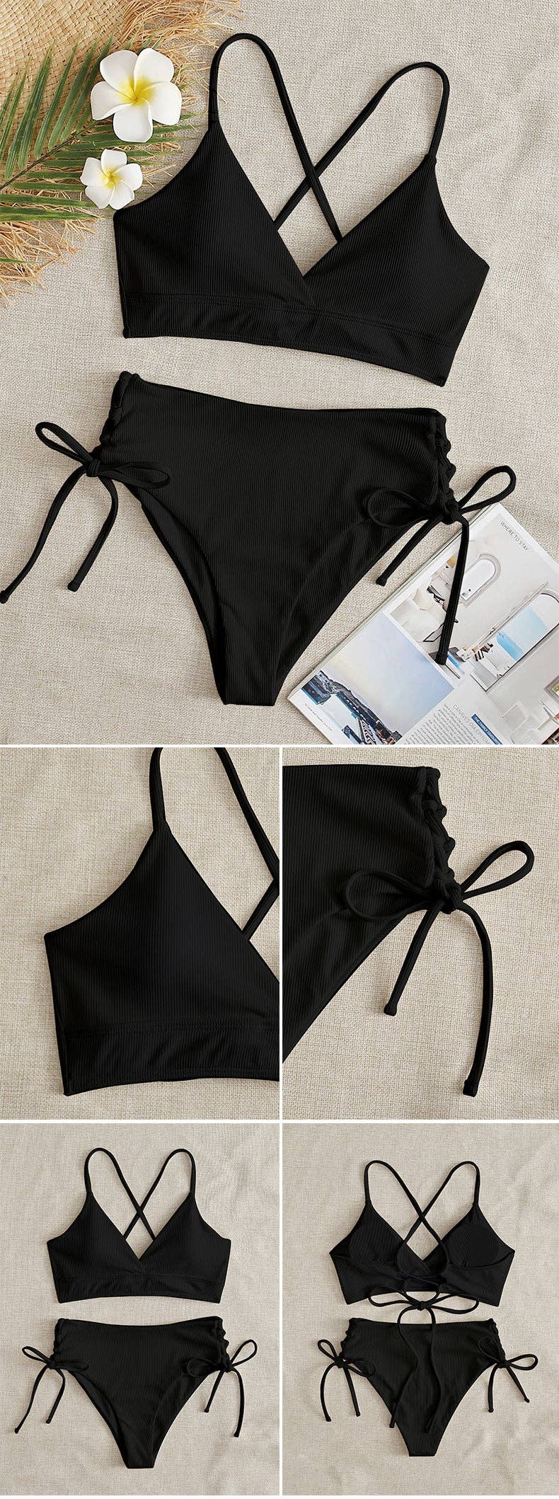Ladies Solid Color Shoulder String Tie Bikini Set RFD-9684