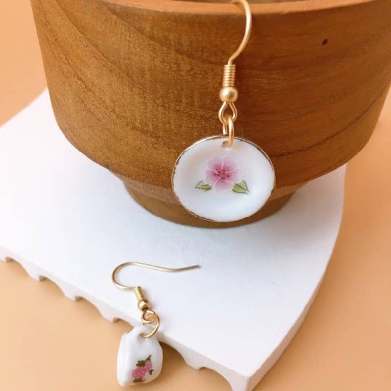 Asymmetric vintage teacup and saucer ceramic earrings