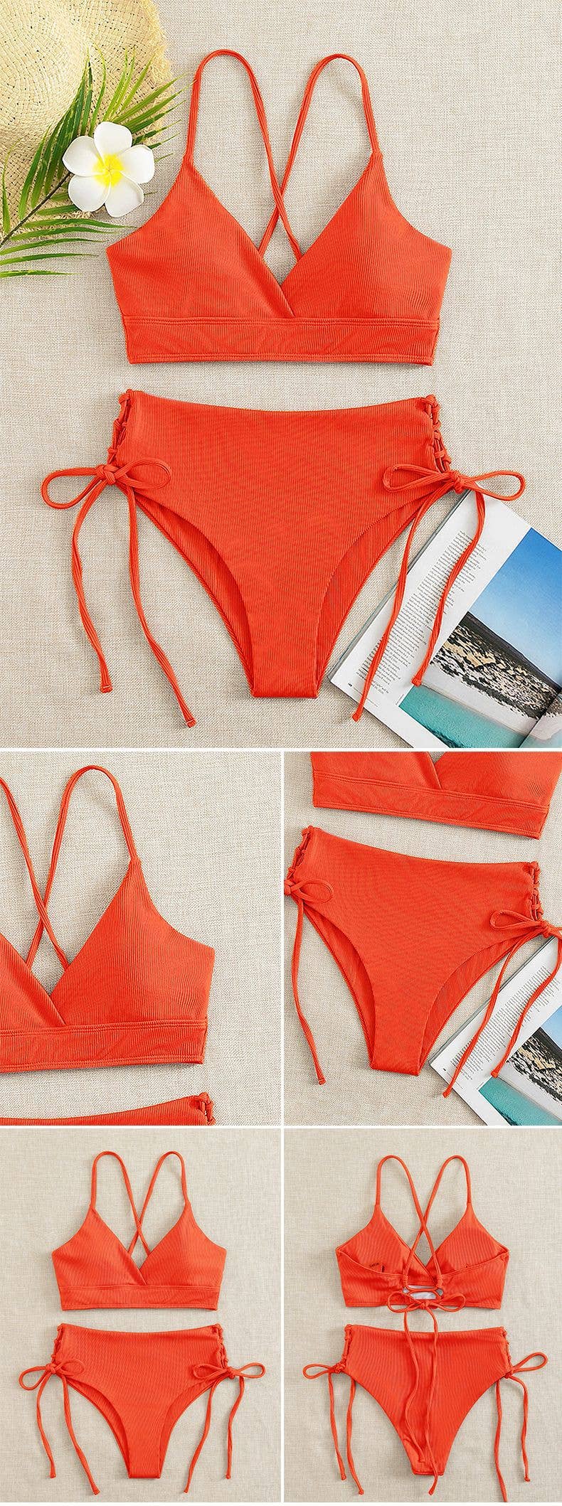 Ladies Solid Color Shoulder String Tie Bikini Set RFD-9684
