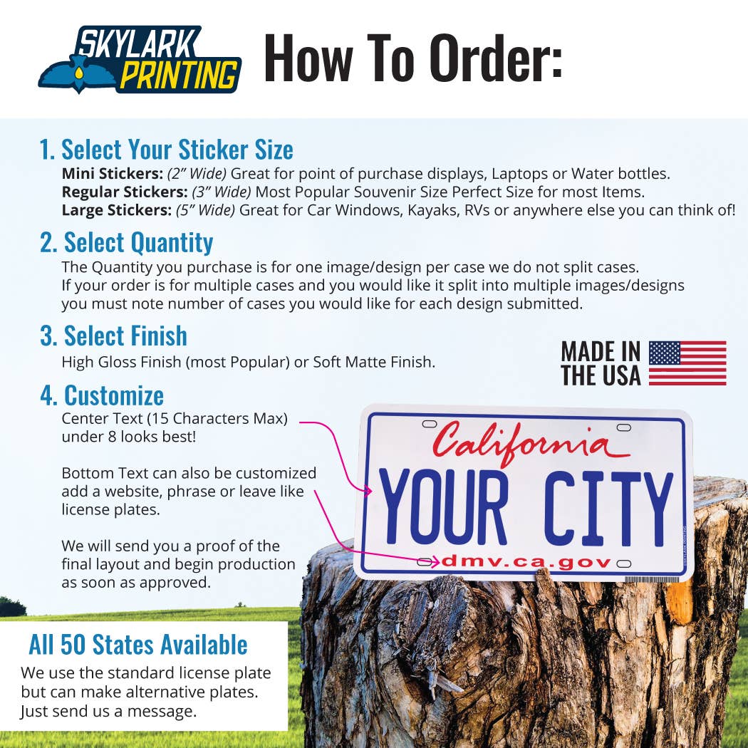 California Plate Souvenir Sticker with Your City, Text