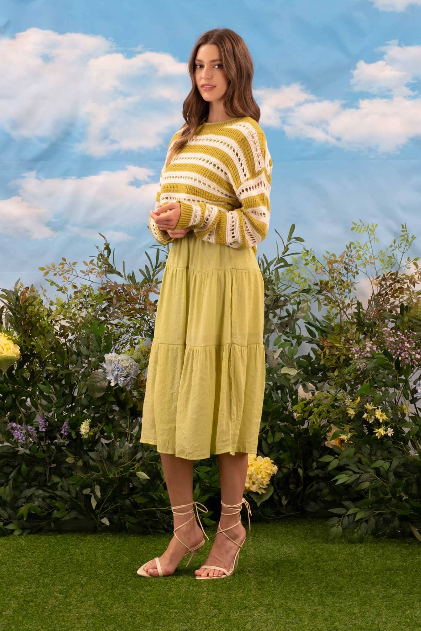 STRIPED EYELET KNIT PULLOVER SWEATER