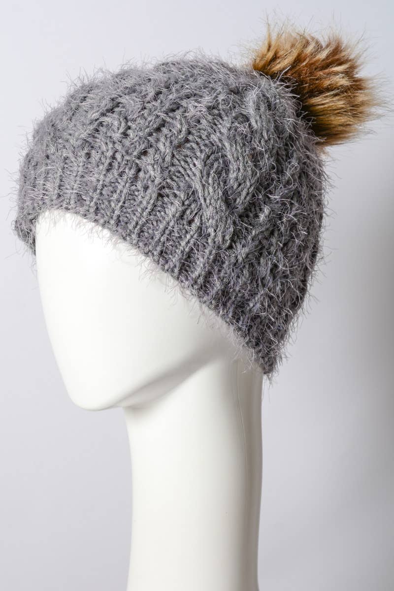 Faux Mohair Cable Knit Pom Pom Beanie