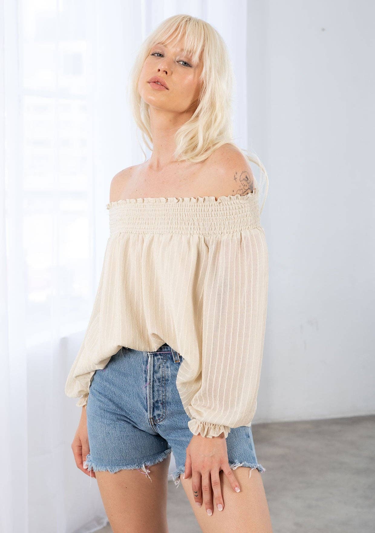 Smocked Off Shoulder 3/4 Sleeve Boho Blouse