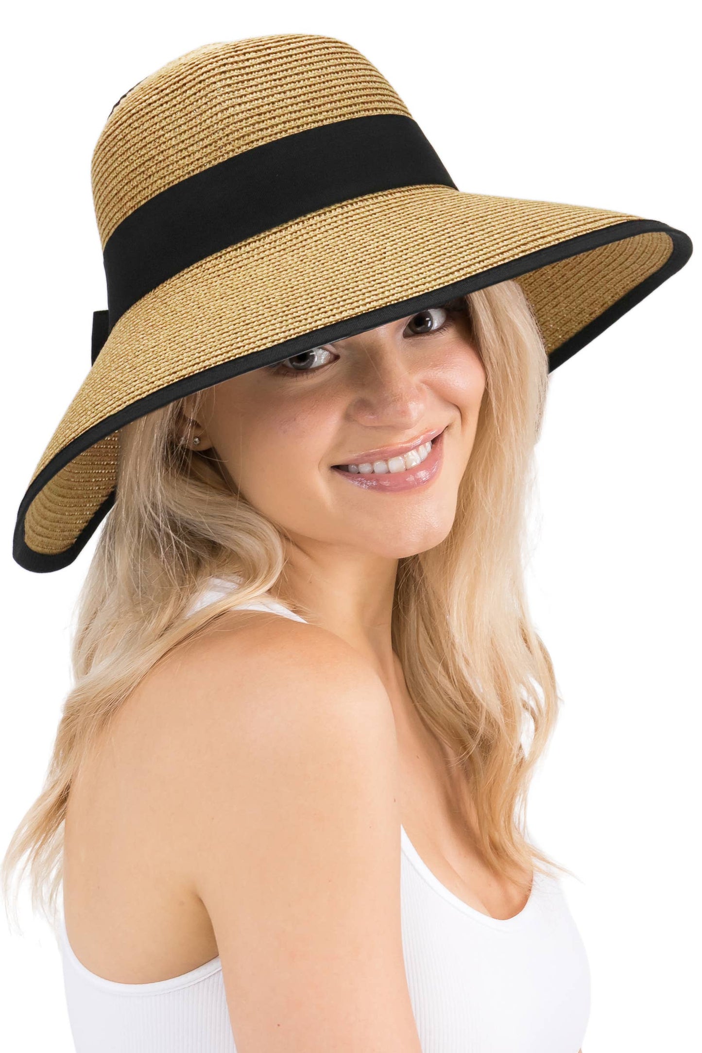 Black Bow Ponytail Straw Visor Dome Derby Sun Hat
