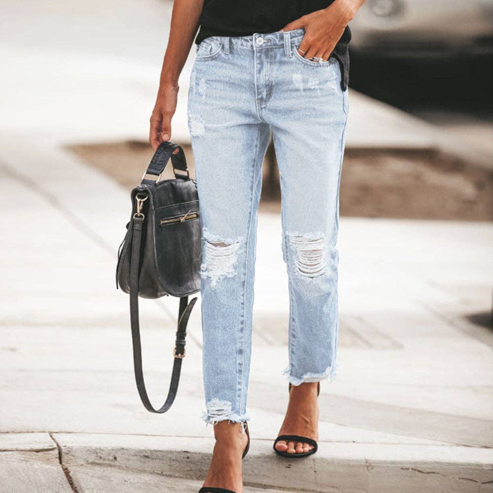 Women Casual Retro Slim Fit Ripped Jeans