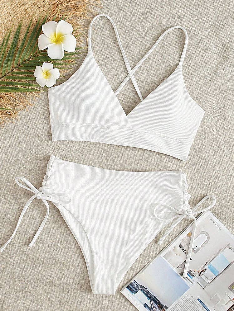 Ladies Solid Color Shoulder String Tie Bikini Set RFD-9684