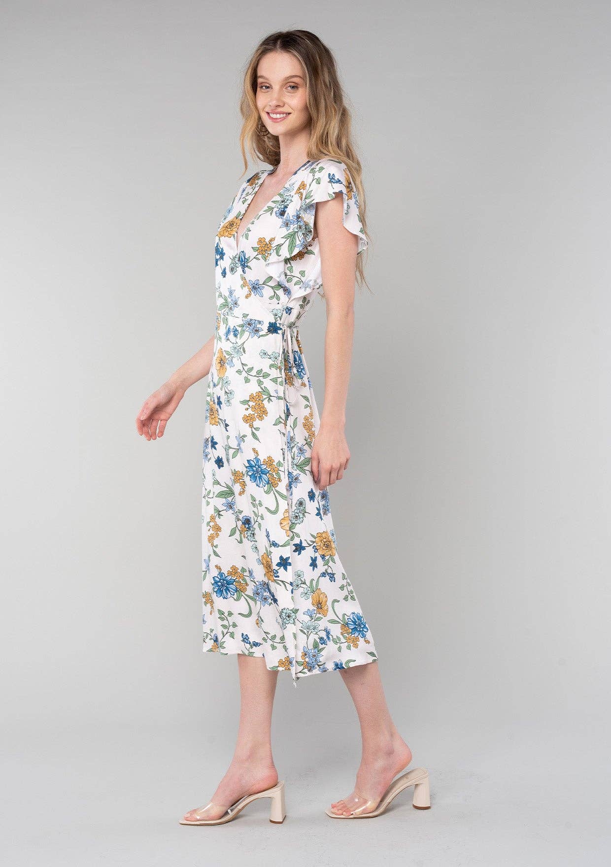Floral Short Flutter Sleeve Midi Wrap Dress