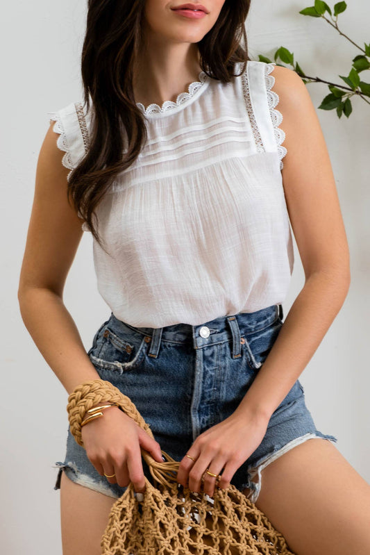 SLEEVELESS LACE EDGE WOVEN TOP