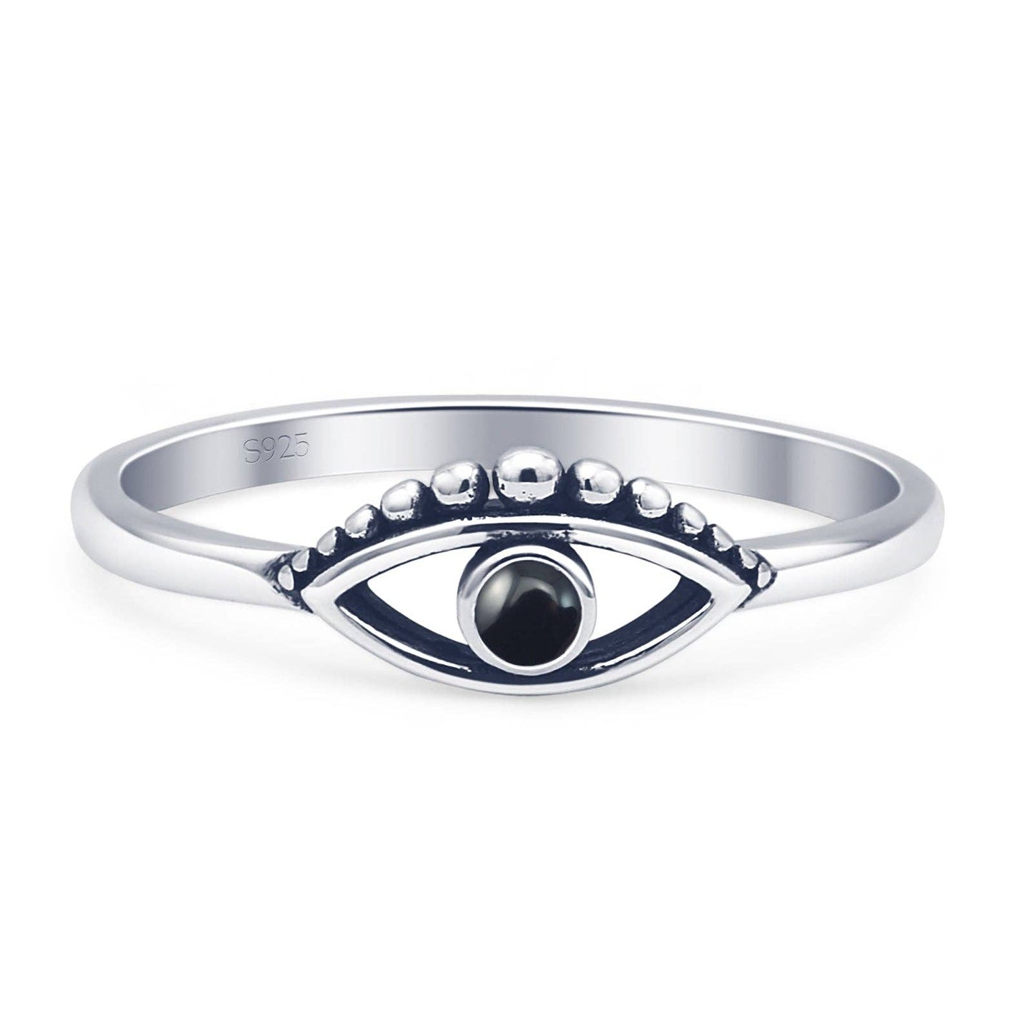 Round Black Agate Evil Eye Ring Oxidized