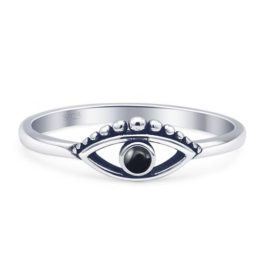Round Black Agate Evil Eye Ring Oxidized