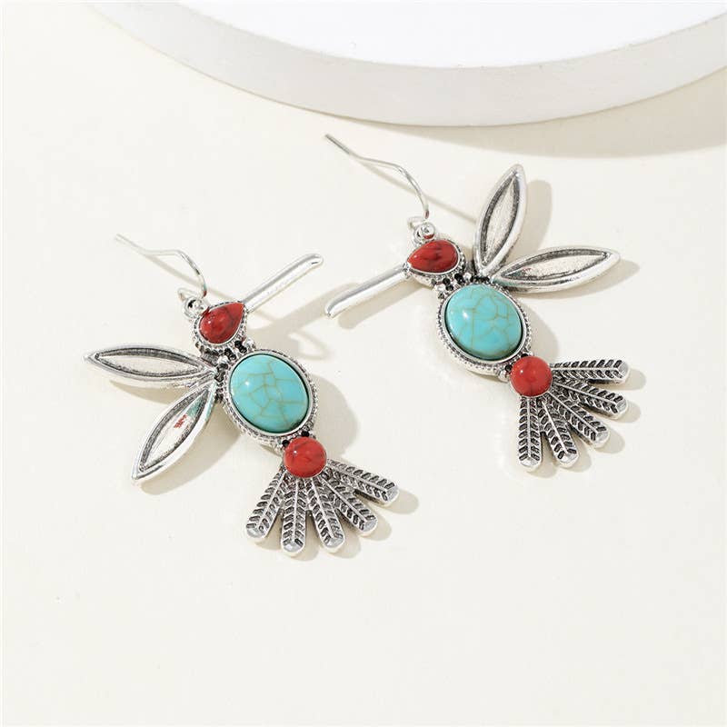 Boho Turquoise & Red Stones Hummingbird Drop Earrings