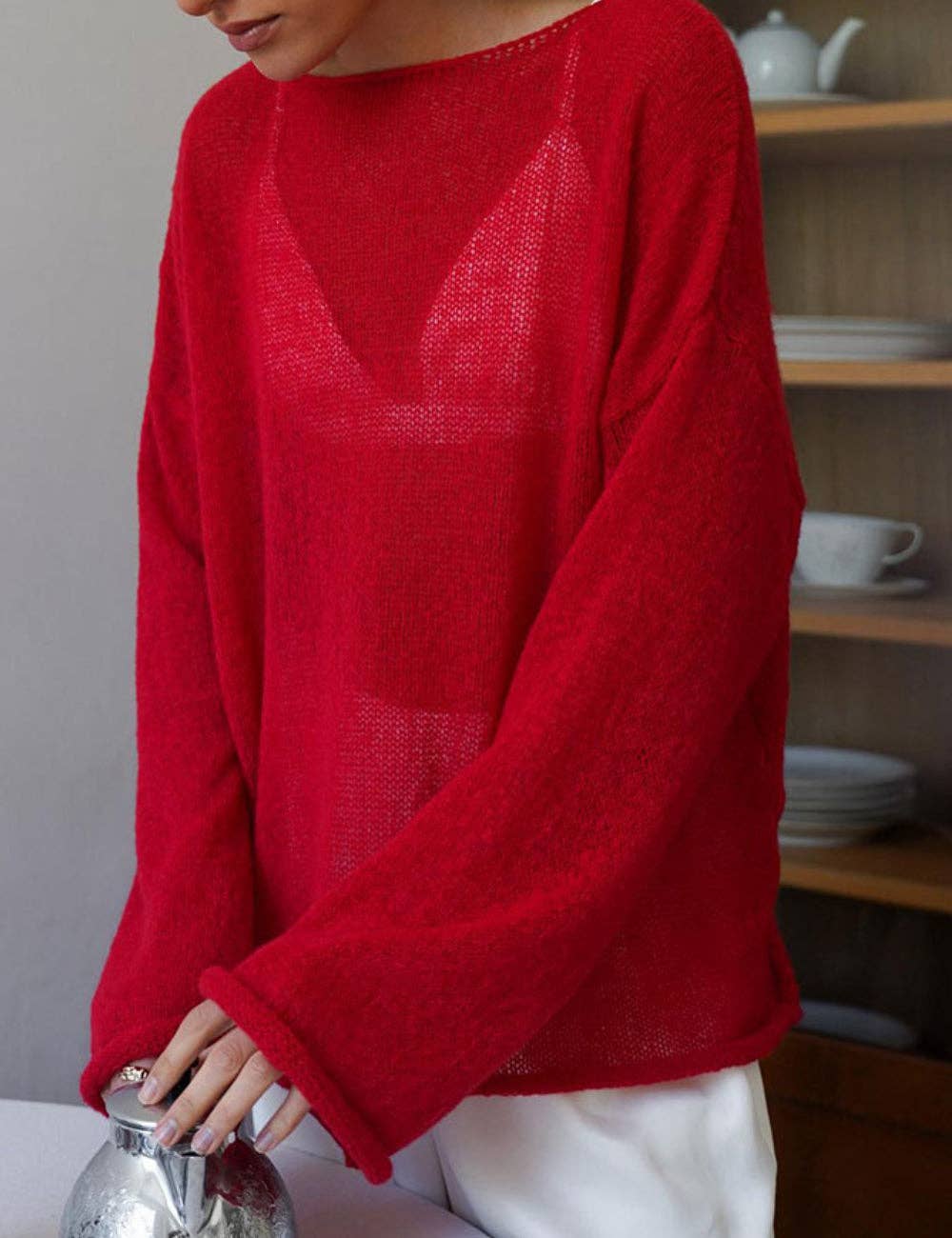 Ladies Solid Color Hollow Knit Top MY0106